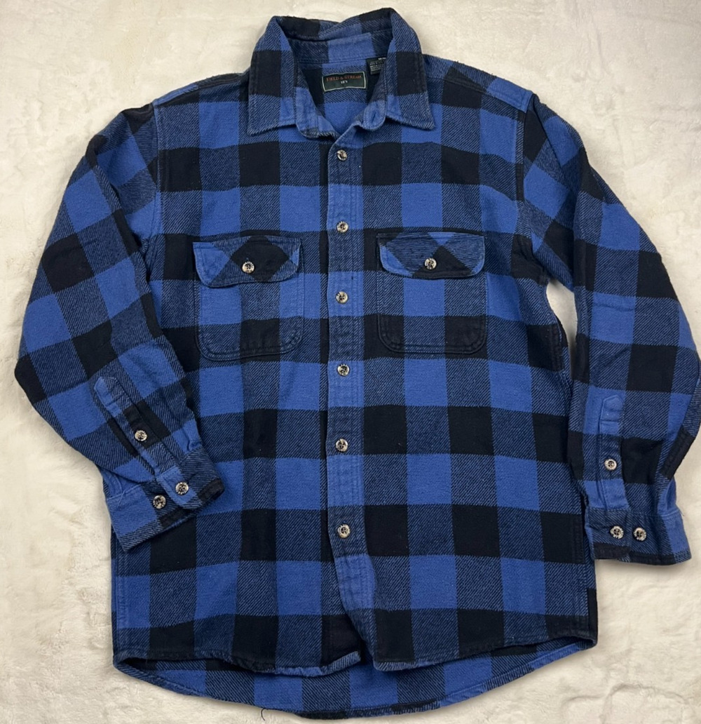 Field & Stream Mens Medium Blue Black Buffalo Plaid Flannel Shirt